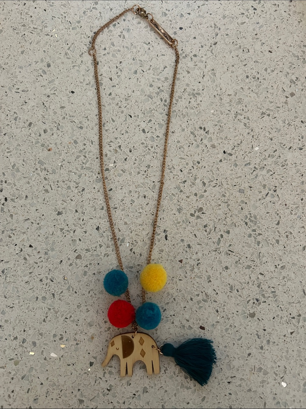 Meri Meri Colorful Pom Pom Elephant Necklace - Teal, Yellow, Red